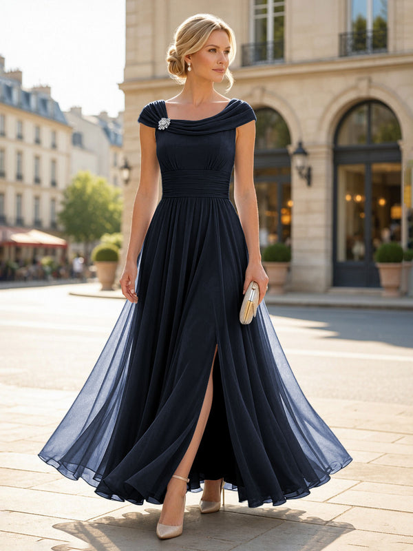 Chiffon A-Line/Princess Cowl Neck Floor-Length Mother of the Bride & Groom Dresses with Pleats & Slit