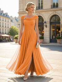 Chiffon A-Line/Princess Cowl Neck Floor-Length Mother of the Bride & Groom Dresses with Pleats & Slit