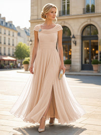 Chiffon A-Line/Princess Cowl Neck Floor-Length Mother of the Bride & Groom Dresses with Pleats & Slit