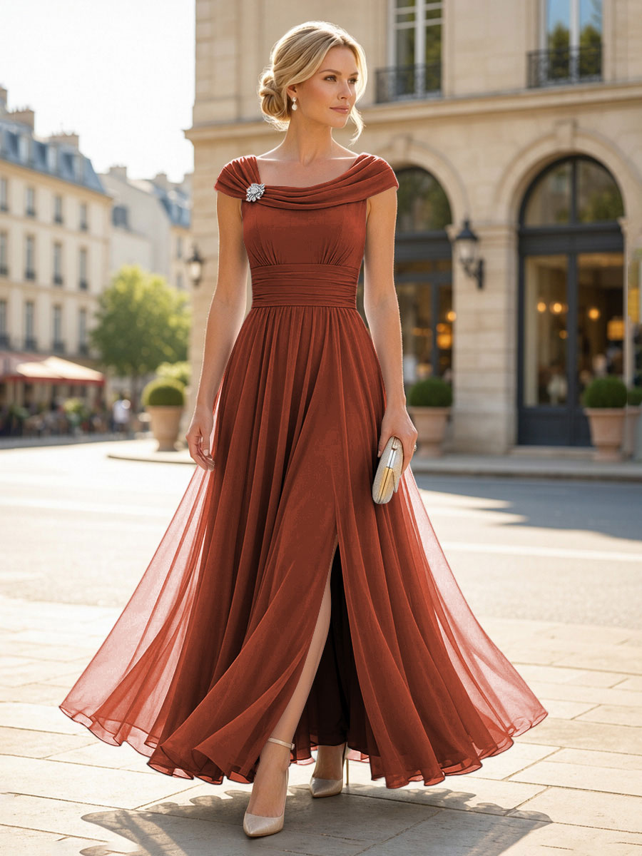 Chiffon A-Line/Princess Cowl Neck Floor-Length Mother of the Bride & Groom Dresses with Pleats & Slit