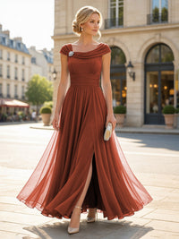 Chiffon A-Line/Princess Cowl Neck Floor-Length Mother of the Bride & Groom Dresses with Pleats & Slit