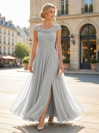Chiffon A-Line/Princess Cowl Neck Floor-Length Mother of the Bride & Groom Dresses with Pleats & Slit