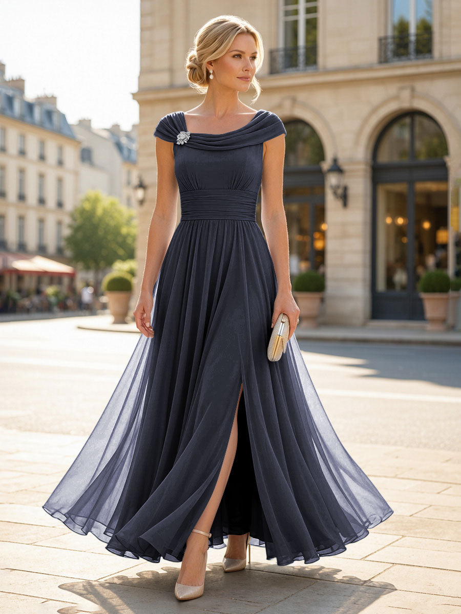 Chiffon A-Line/Princess Cowl Neck Floor-Length Mother of the Bride & Groom Dresses with Pleats & Slit
