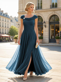 Chiffon A-Line/Princess Cowl Neck Floor-Length Mother of the Bride & Groom Dresses with Pleats & Slit