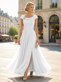 Chiffon A-Line/Princess Cowl Neck Floor-Length Mother of the Bride & Groom Dresses with Pleats & Slit