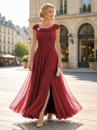 Chiffon A-Line/Princess Cowl Neck Floor-Length Mother of the Bride & Groom Dresses with Pleats & Slit