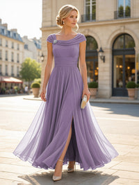 Chiffon A-Line/Princess Cowl Neck Floor-Length Mother of the Bride & Groom Dresses with Pleats & Slit