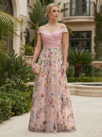 Lace Embroidery A-Line/Princess Off Shoulder Floor-Length Mother of the Bride & Groom Dresses with Ruched Satin Bodice