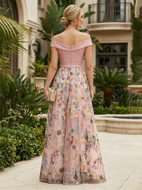 Lace Embroidery A-Line/Princess Off Shoulder Floor-Length Mother of the Bride & Groom Dresses with Ruched Satin Bodice