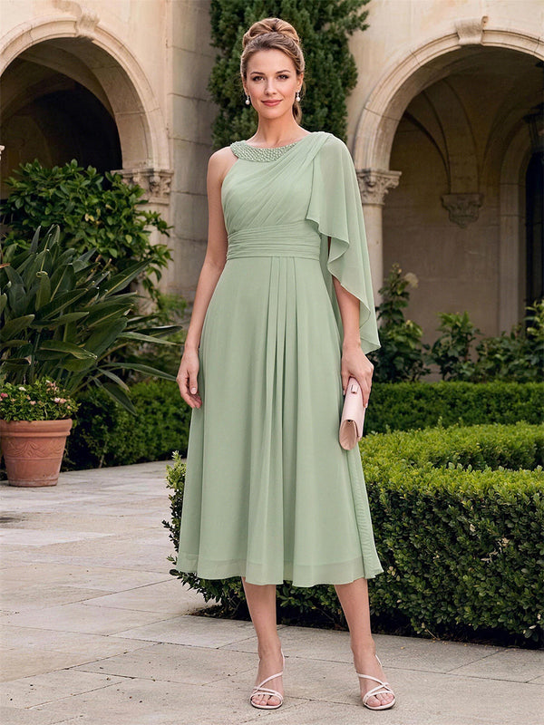 Chiffon A-Line/Princess Scoop Neck Tea-Length Mother of the Bride & Groom Dresses with Pleats