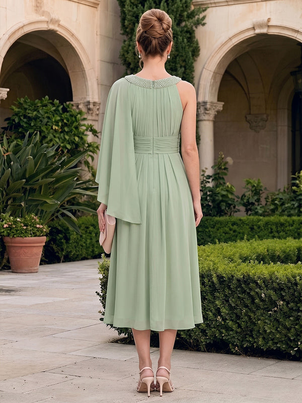 Chiffon A-Line/Princess Scoop Neck Tea-Length Mother of the Bride & Groom Dresses with Pleats