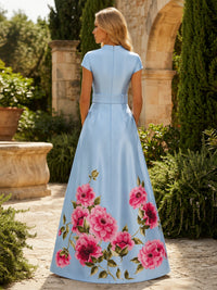 Floral Print A-Line/Princess V-Neck Floor-Length Mother of the Bride & Groom Dresses with Belt & Pockets