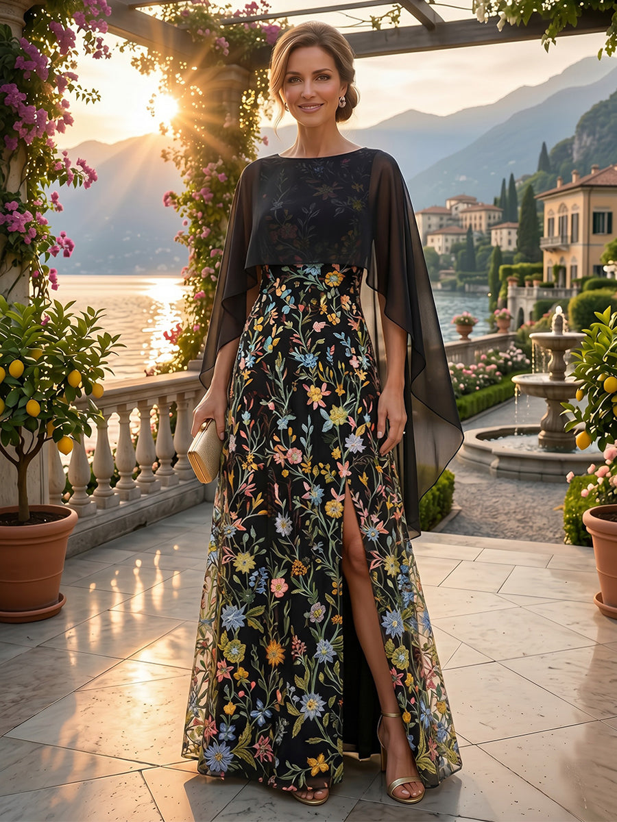 Lace Embroidery A-Line/Princess Scoop Neck Floor-Length Mother of the Bride & Groom Dresses with Chiffon Cape & Slit