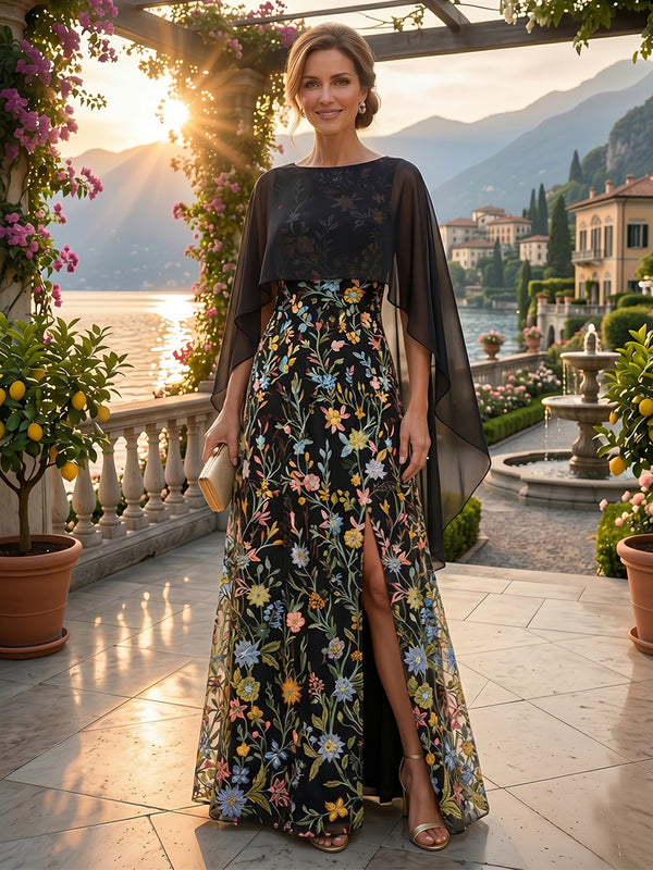 Lace Embroidery A-Line/Princess Scoop Neck Floor-Length Mother of the Bride & Groom Dresses with Chiffon Cape & Slit
