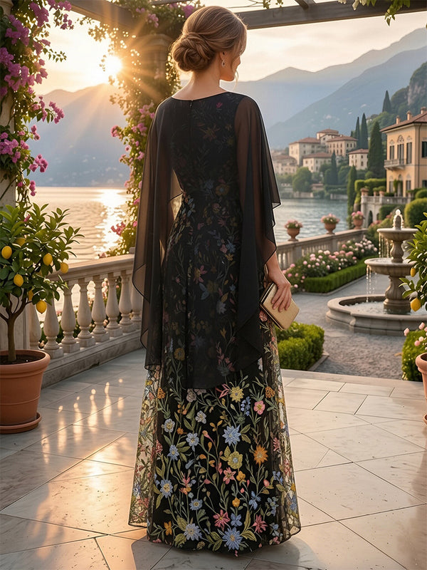 Lace Embroidery A-Line/Princess Scoop Neck Floor-Length Mother of the Bride & Groom Dresses with Chiffon Cape & Slit