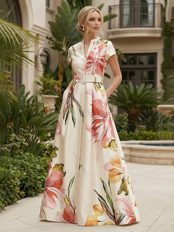 Floral Print A-Line/Princess V-Neck Floor-Length Mother of the Bride & Groom Dresses with Belt & Pockets