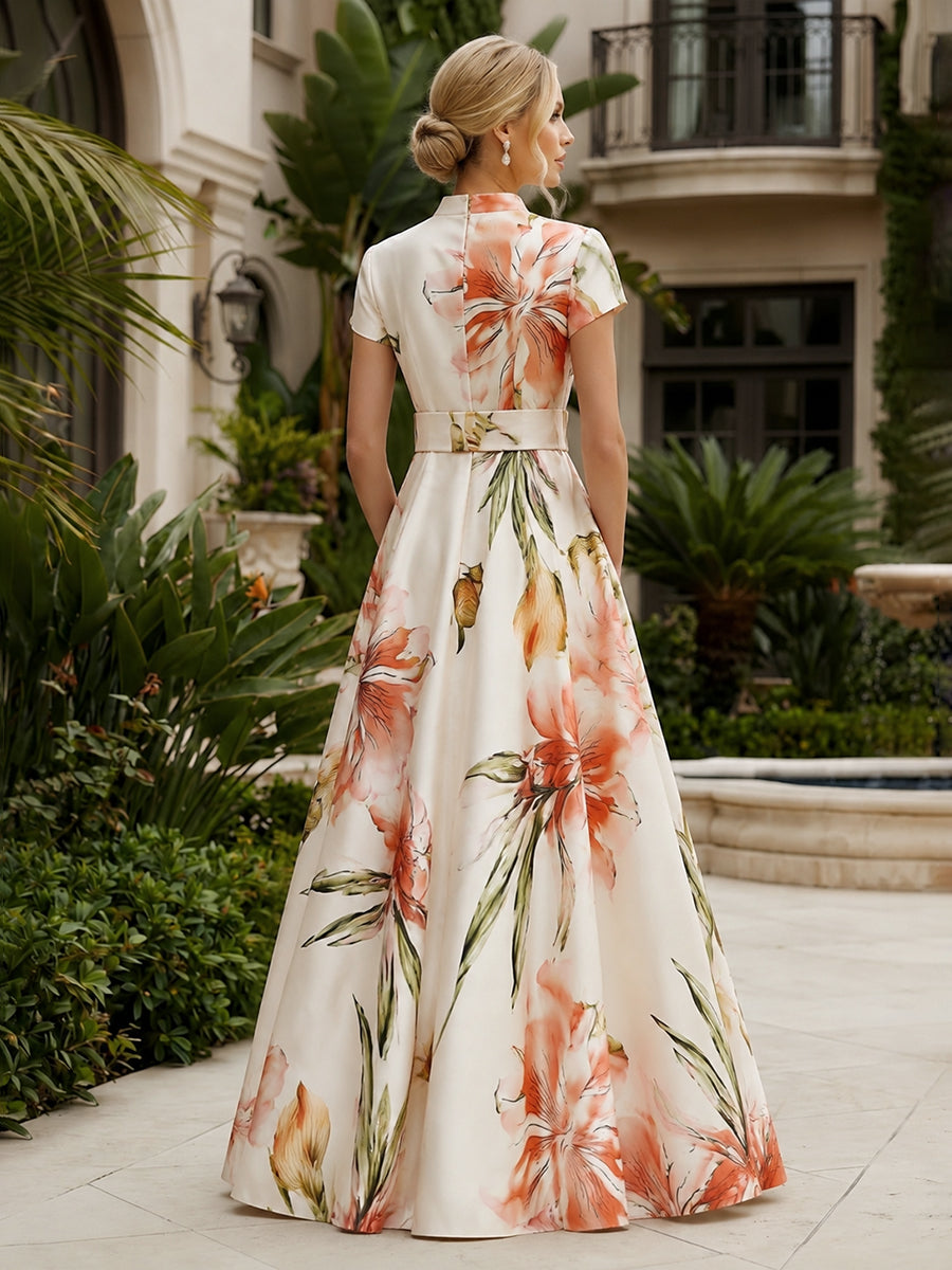 Floral Print A-Line/Princess V-Neck Floor-Length Mother of the Bride & Groom Dresses with Belt & Pockets