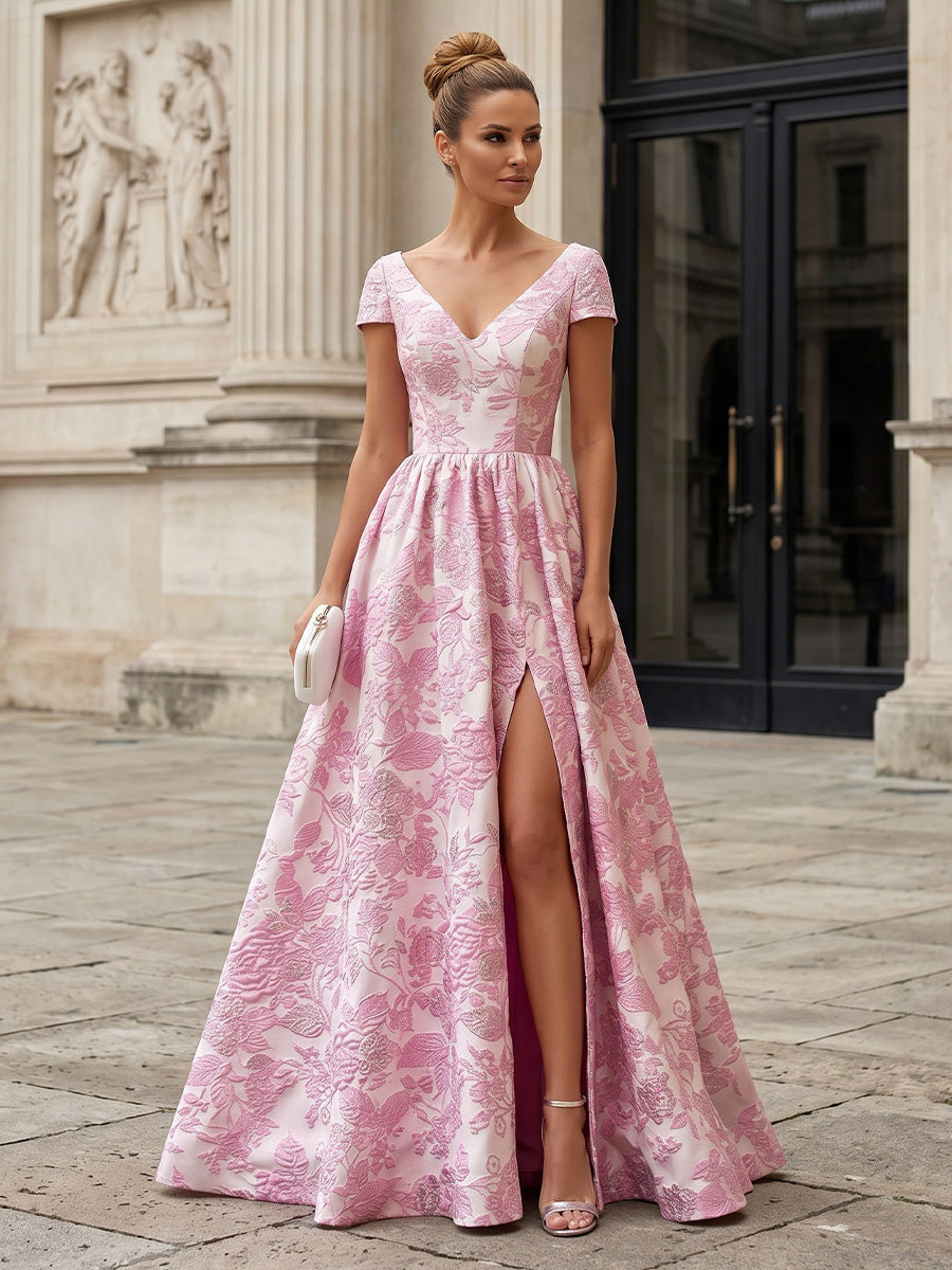 Jacquard A-Line/Princess V-Neck Floor-Length Mother of the Bride & Groom Dresses with Ruched Waist & Slit