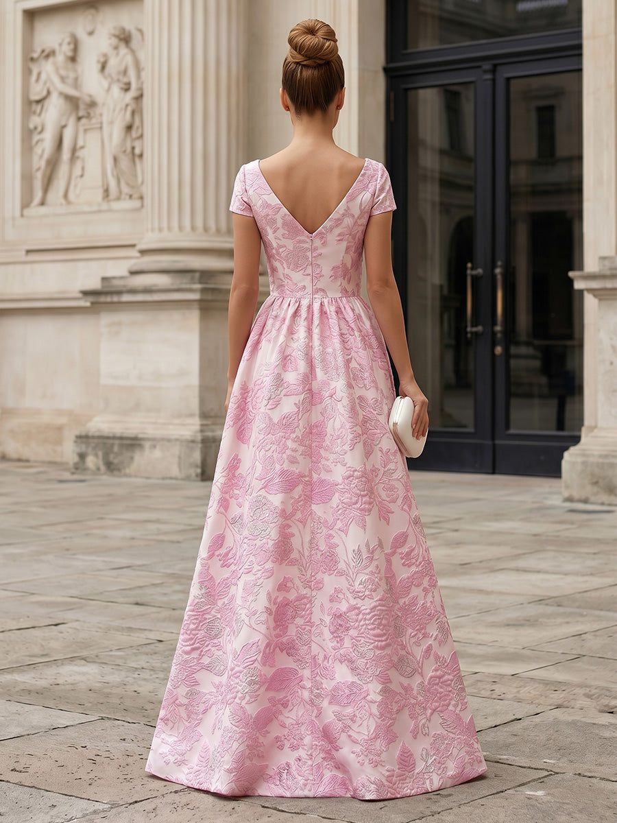 Jacquard A-Line/Princess V-Neck Floor-Length Mother of the Bride & Groom Dresses with Ruched Waist & Slit