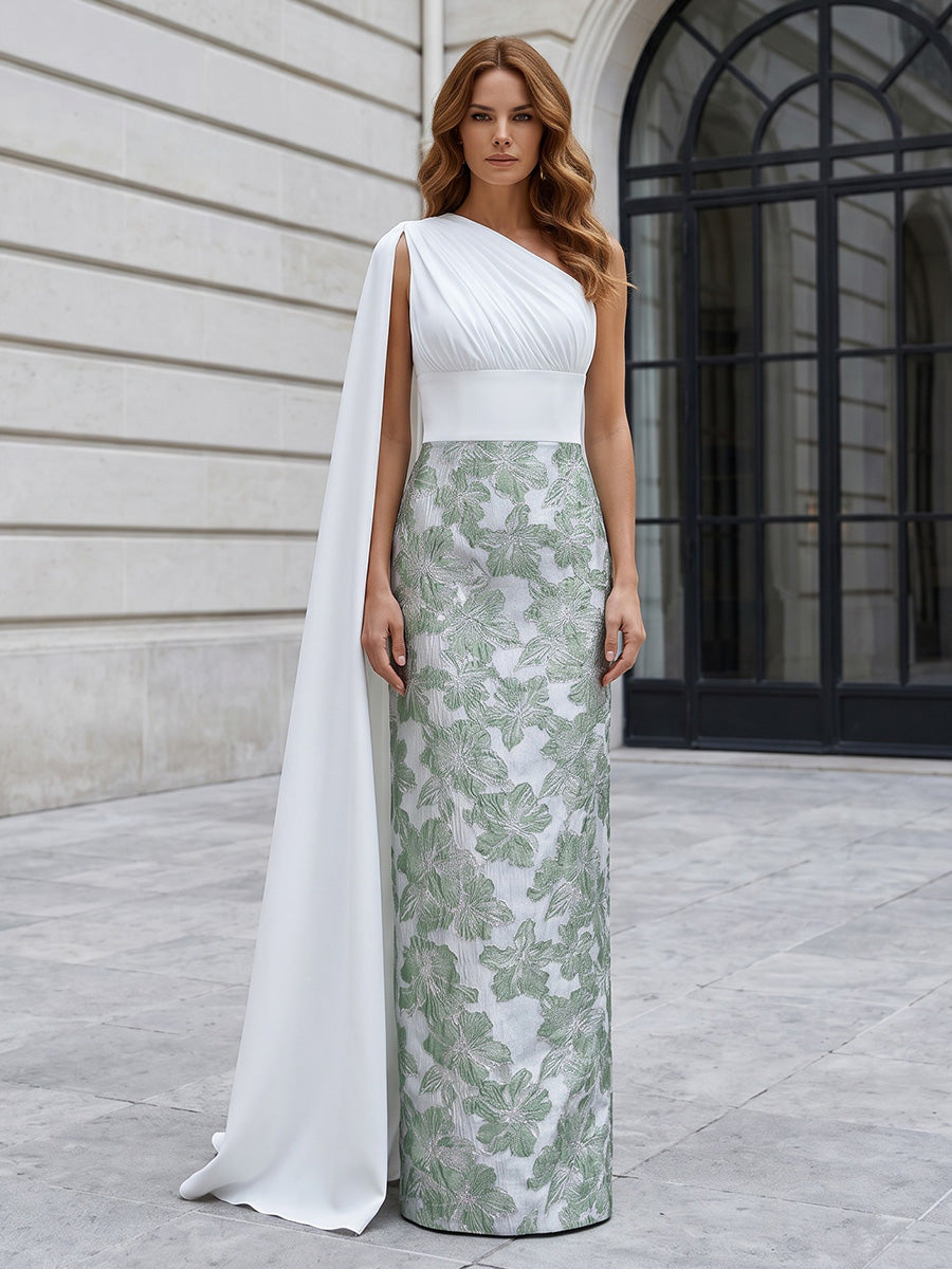 Jacquard Sheath/Column One Shoulder Floor-Length Mother of the Bride & Groom Dresses with Ruched Bodice