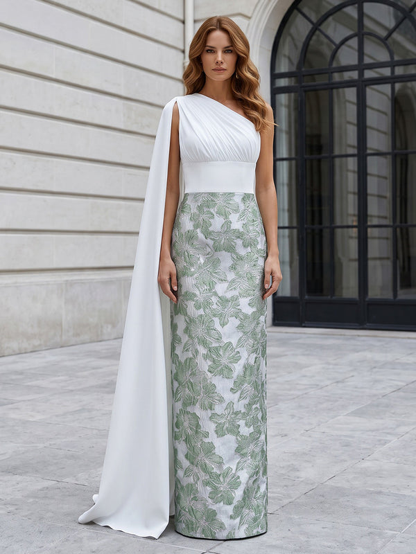 Jacquard Sheath/Column One Shoulder Floor-Length Mother of the Bride & Groom Dresses with Ruched Bodice