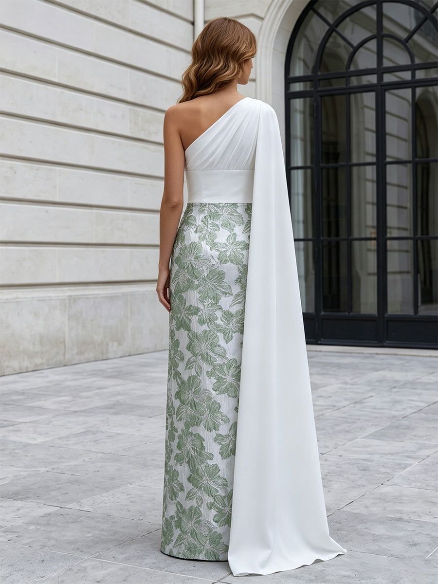 Jacquard Sheath/Column One Shoulder Floor-Length Mother of the Bride & Groom Dresses with Ruched Bodice