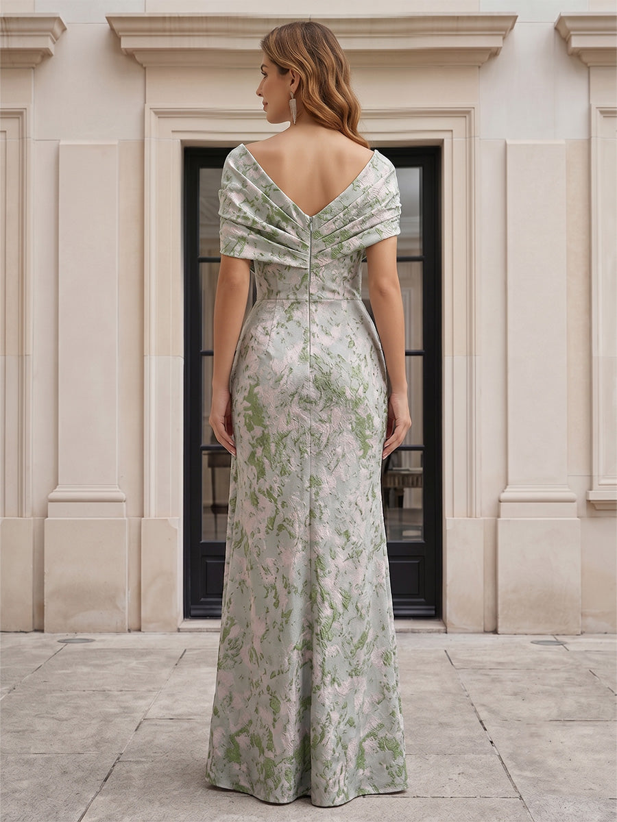 Jacquard Sheath/Column Asymmetric Neck Floor-Length Mother of the Bride & Groom Dresses with Ruched Waist & Slit