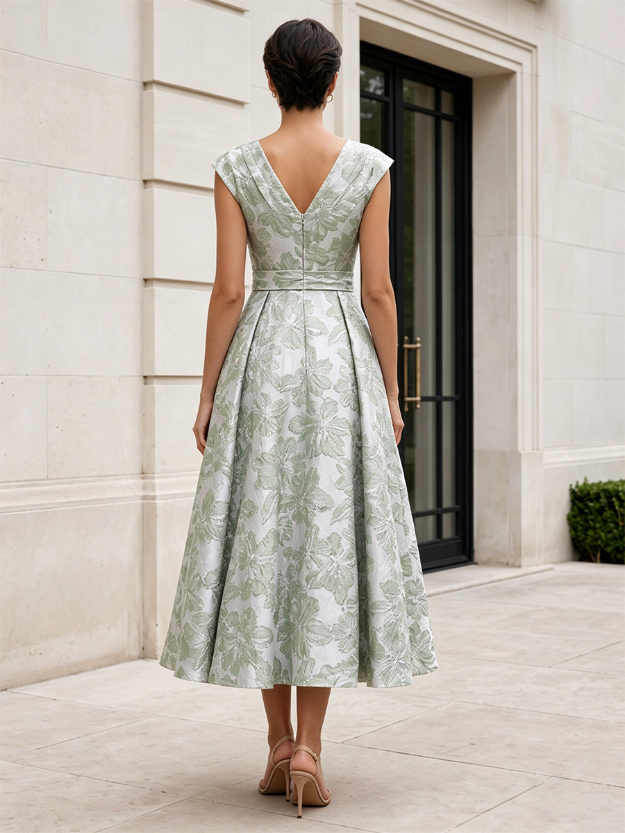 Jacquard A-Line/Princess V-Neck Tea-Length Mother of the Bride & Groom Dresses with Pleats