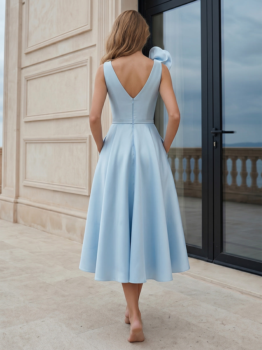 Satin A-Line/Princess V-Neck Tea-Length Mother of the Bride & Groom Dresses with Pleats & Pockets