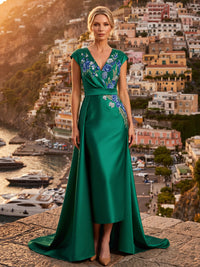 Satin Sheath/Column V-Neck Floor-Length Mother of the Bride & Groom Dresses with Floral Embroidery