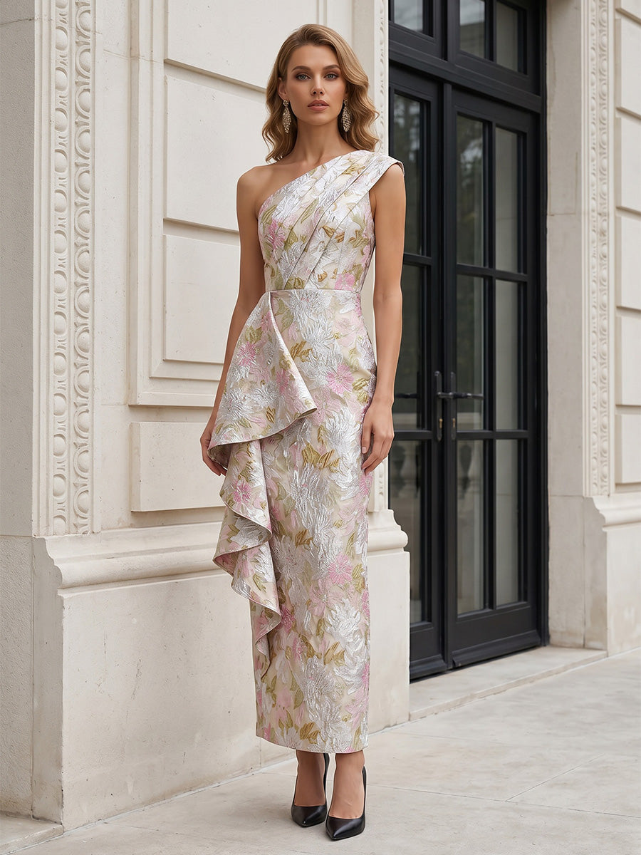 Jacquard Sheath/Column One Shoulder Floor-Length Mother of the Bride & Groom Dresses with Ruffles