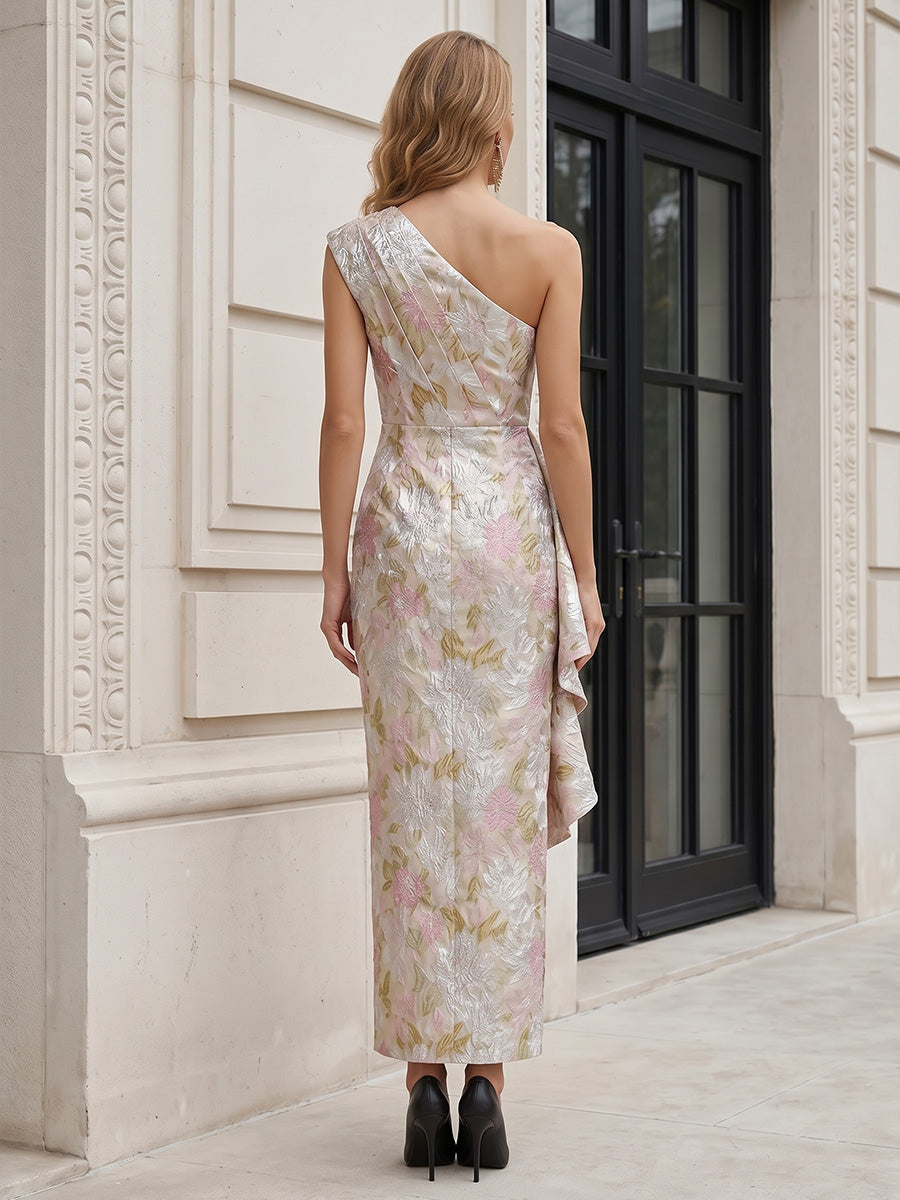 Jacquard Sheath/Column One Shoulder Floor-Length Mother of the Bride & Groom Dresses with Ruffles