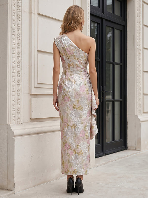 Jacquard Sheath/Column One Shoulder Floor-Length Mother of the Bride & Groom Dresses with Ruffles