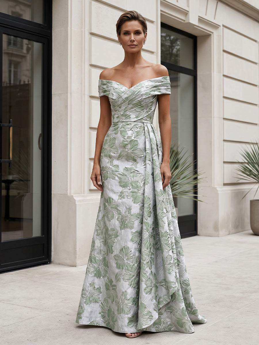 Jacquard A-Line/Princess Off Shoulder Floor-Length Mother of the Bride & Groom Dresses with Pleats