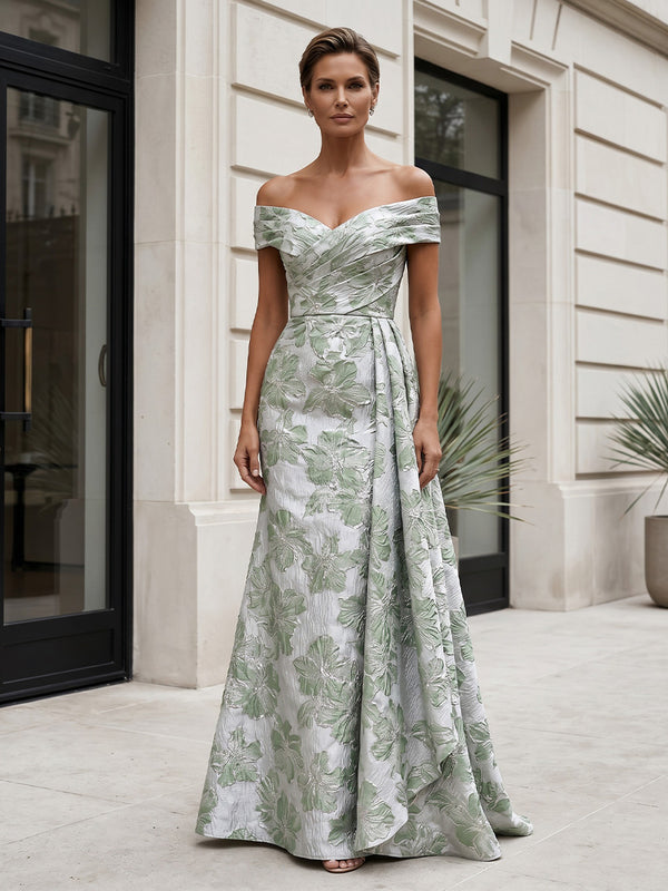 Jacquard A-Line/Princess Off Shoulder Floor-Length Mother of the Bride & Groom Dresses with Pleats