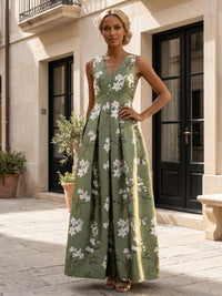 Floral Print A-Line/Princess V-Neck Floor-Length Mother of the Bride & Groom Dresses with Pleats