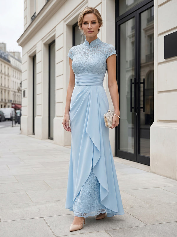 Chiffon A-Line/Princess High Neck Floor-Length Mother of the Bride & Groom Dresses with Ruffles & Ruched Waist