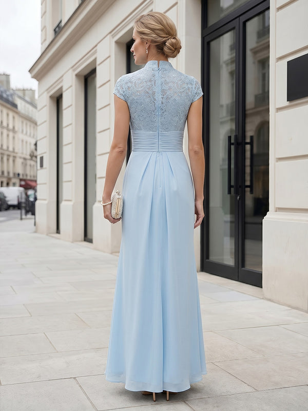 Chiffon A-Line/Princess High Neck Floor-Length Mother of the Bride & Groom Dresses with Ruffles & Ruched Waist