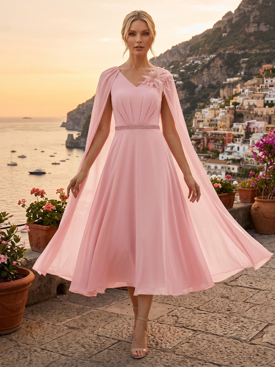Chiffon A-Line/Princess V-Neck Tea-Length Mother of the Bride & Groom Dresses with Ruched Waist