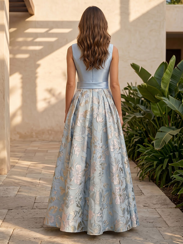 Jacquard A-Line/Princess V-Neck Floor-Length Mother of the Bride & Groom Dresses with Satin Bodice & Belt