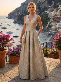 Jacquard A-Line/Princess V-Neck Floor-Length Mother of the Bride & Groom Dresses with Ruched Waist & Pockets