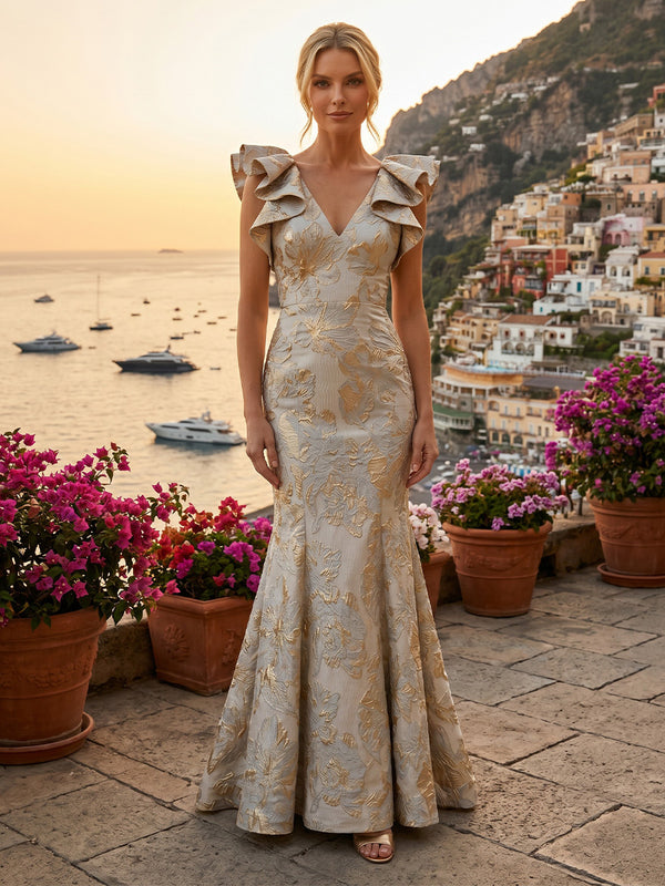 Jacquard Mermaid/Trumpet V-Neck Floor-Length Mother of the Bride & Groom Dresses for Women