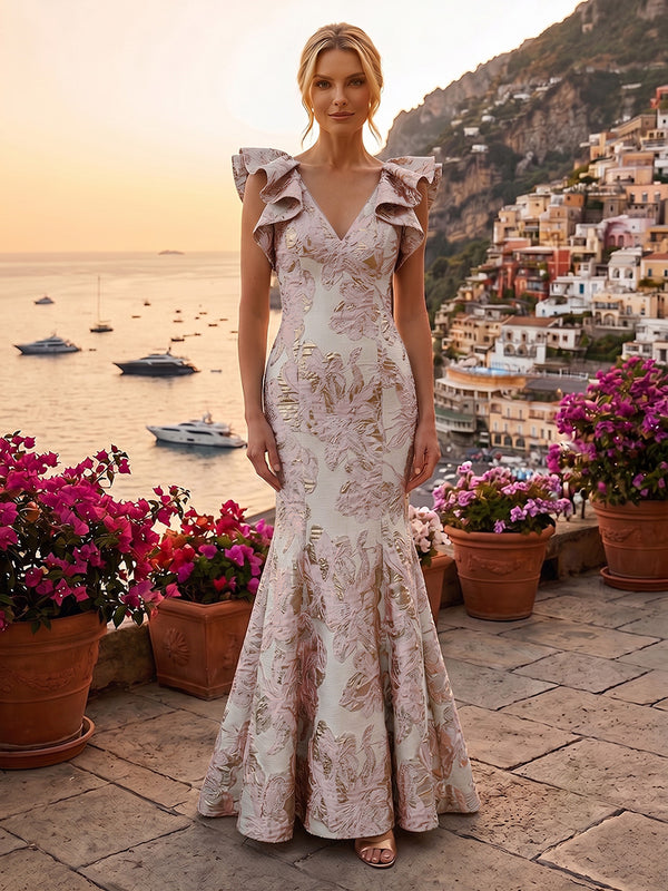 Jacquard Mermaid/Trumpet V-Neck Floor-Length Mother of the Bride & Groom Dresses for Women