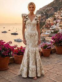 Jacquard Mermaid/Trumpet V-Neck Floor-Length Mother of the Bride & Groom Dresses for Women
