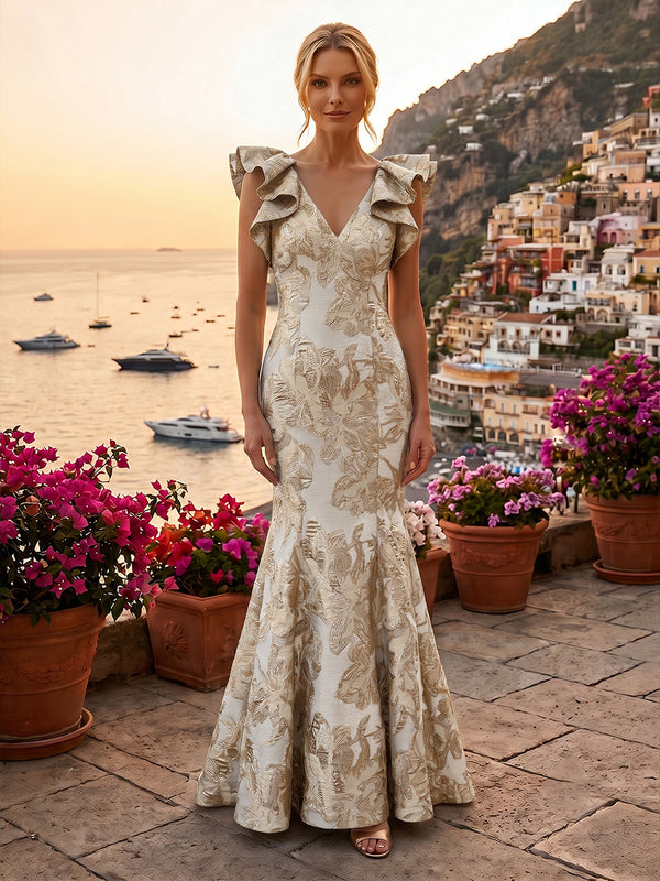 Jacquard Mermaid/Trumpet V-Neck Floor-Length Mother of the Bride & Groom Dresses for Women