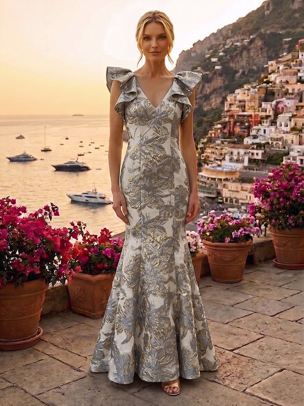 Jacquard Mermaid/Trumpet V-Neck Floor-Length Mother of the Bride & Groom Dresses for Women
