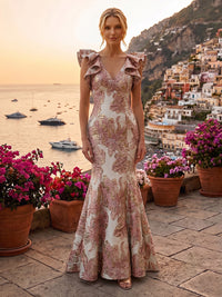 Jacquard Mermaid/Trumpet V-Neck Floor-Length Mother of the Bride & Groom Dresses for Women