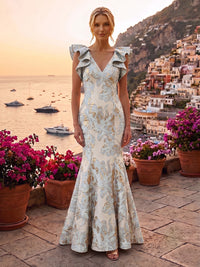 Jacquard Mermaid/Trumpet V-Neck Floor-Length Mother of the Bride & Groom Dresses for Women