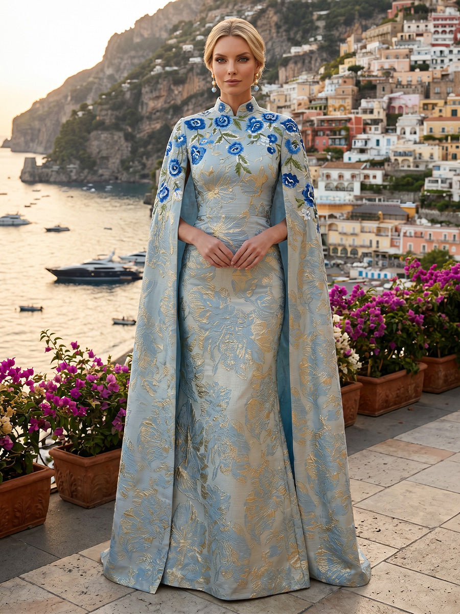 Jacquard Sheath/Column High Neck Floor-Length Mother of the Bride & Groom Dresses with Floral Embroidery