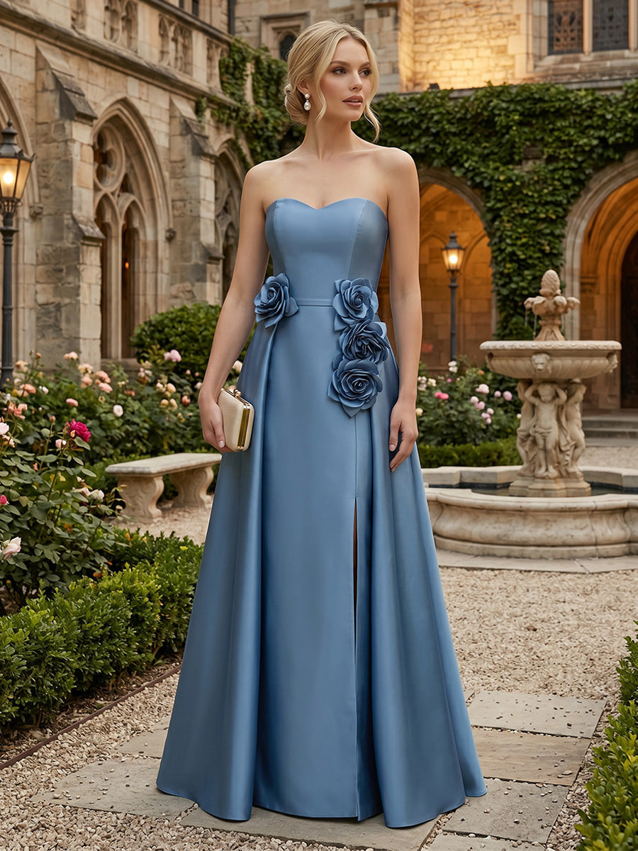 Satin A-Line/Princess Strapless Floor-Length Mother of the Bride & Groom Dresses with 3D Flowers